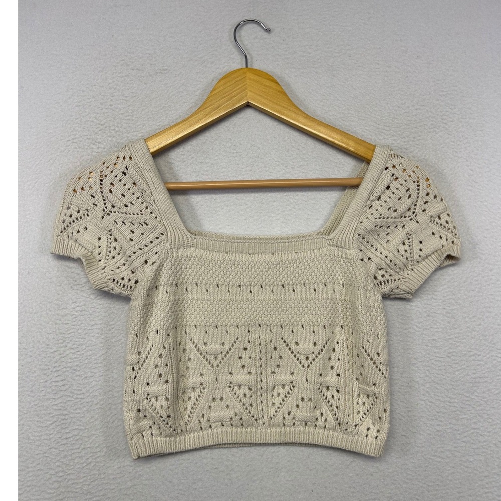 Boho Cottagecore Freshman 1996 Womens XS Cream Pointelle Knit Puff Sleeve Crop